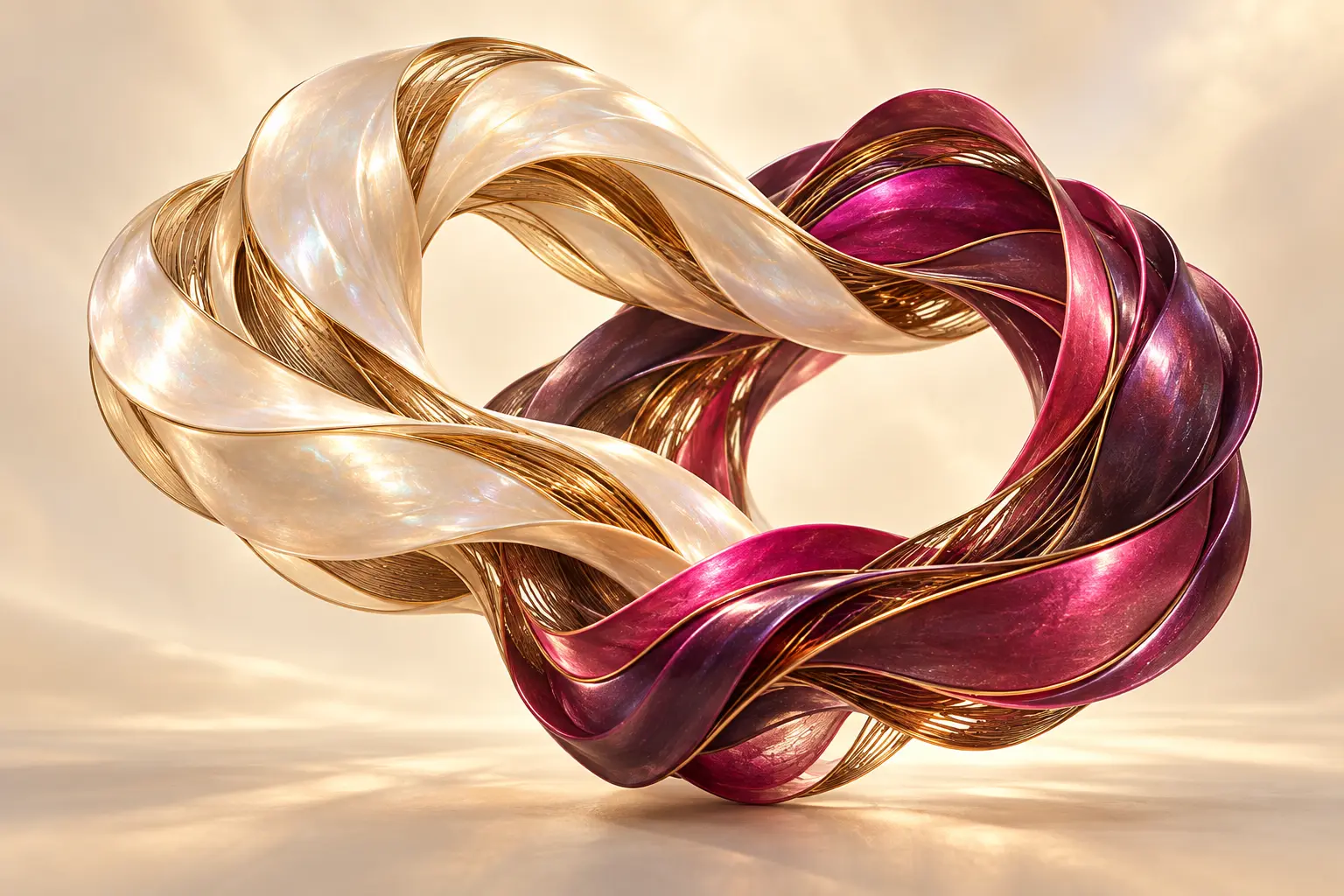 Two distinct ribbon structures meet to create a shared new form.