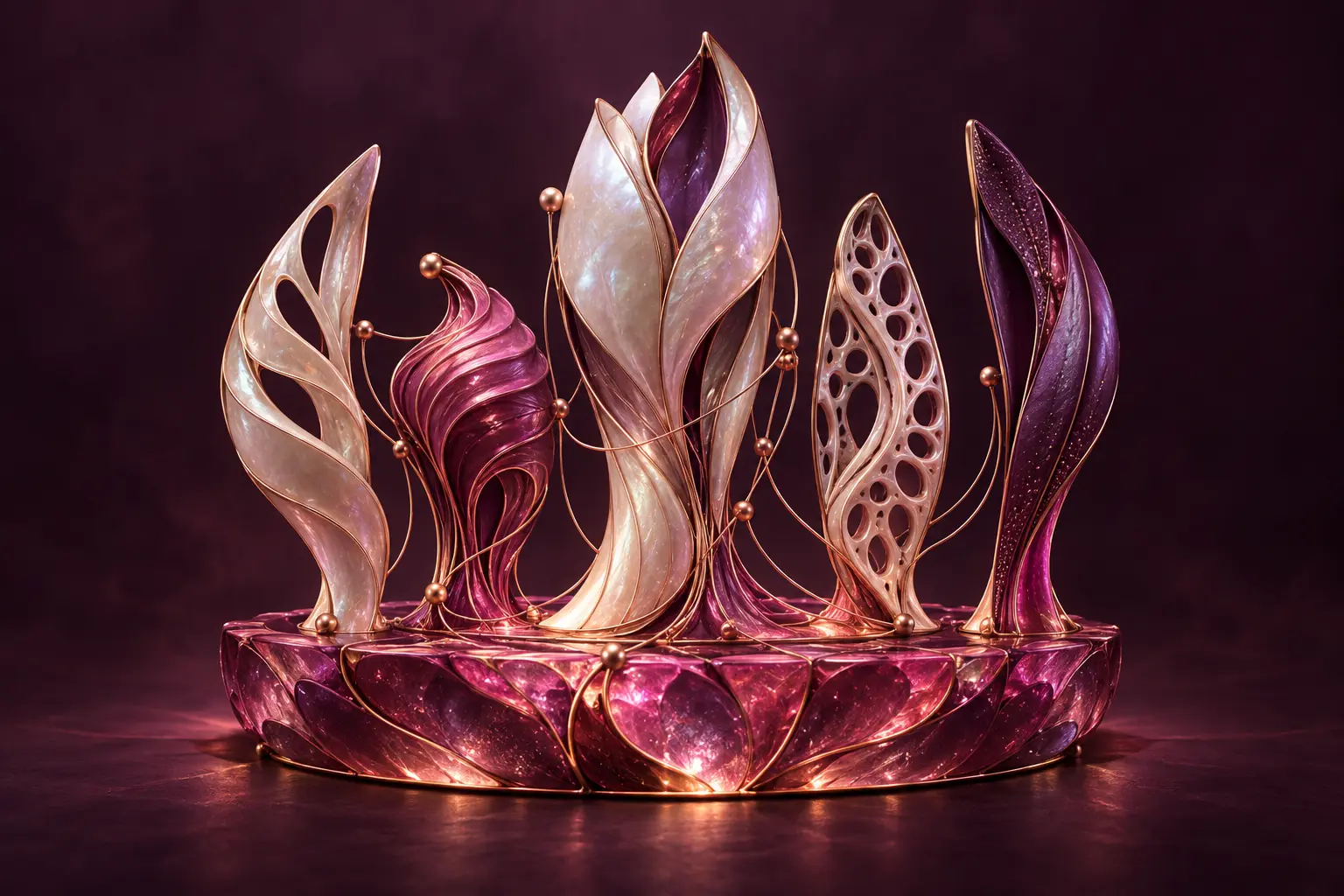 Distinct sculptural forms stand together on a connected, supportive base.