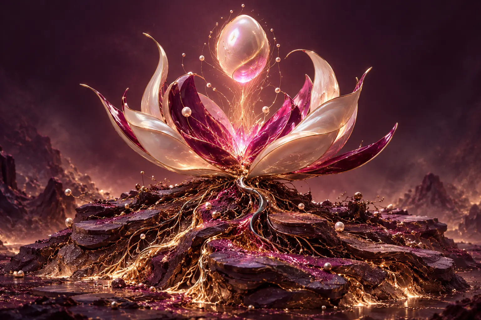 A luminous seed grows above a connected foundation of roots.