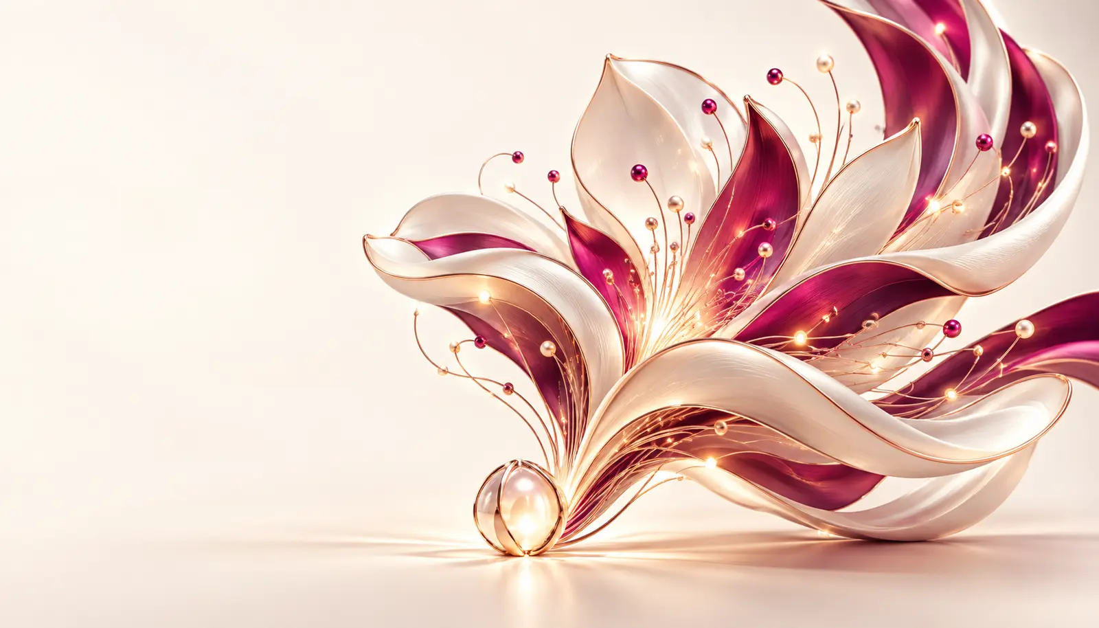 A luminous seed unfolds into flowing pearl and magenta forms, connected by fine golden threads.